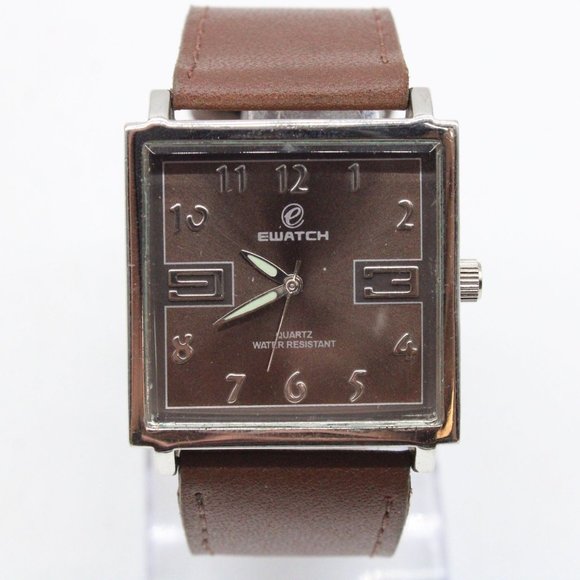 Ewatch Mens Watch Silver Tone Stainless Steel Classic Brown Leather Band - Picture 2 of 8